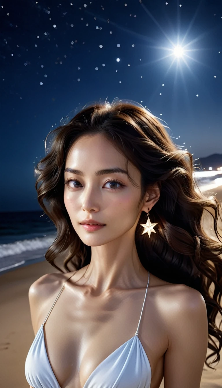 8K, masterpiece, RAW Photos, Highest quality, Realistic, Very detailed, Depth of written boundary, Cinematic Light, Anatomically correct body,
An elegant and beautiful mature woman,
Wavy black long hair, Very beautiful face, Exquisitely detailed face, Goddess-like deity々Beautiful, Glamorous Body,
Very sensitive skin, Transparent white skin, Beautiful and bountiful breasts, Sexy ass, Sexy thighs,
White bikini swimsuit, Detailed cloth texture, Gorgeous necklace, Gorgeous earrings,
Starry sky background, Dark sandy beach at night, Pitch black sea surface,
Beautiful back view,