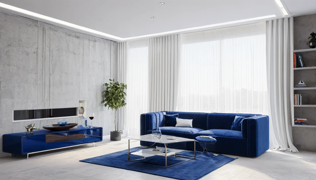 Describe a modern living room in a 16K resolution, located in a mansion in Westminster Palace, London. The room has a concrete wall painted white, and the floor is also white. There is a stereo set, a wine glass sitting on the table, and a white cushion on the sofa. The sofa is a deep blue color. The room has white curtains, and there are some potted plants. There is a pendant light hanging from the ceiling. Describe the scene in great detail, including the warmth and brightness of the sun coming in through the window in the morning. Please provide a vivid and accurate description of the scene.
