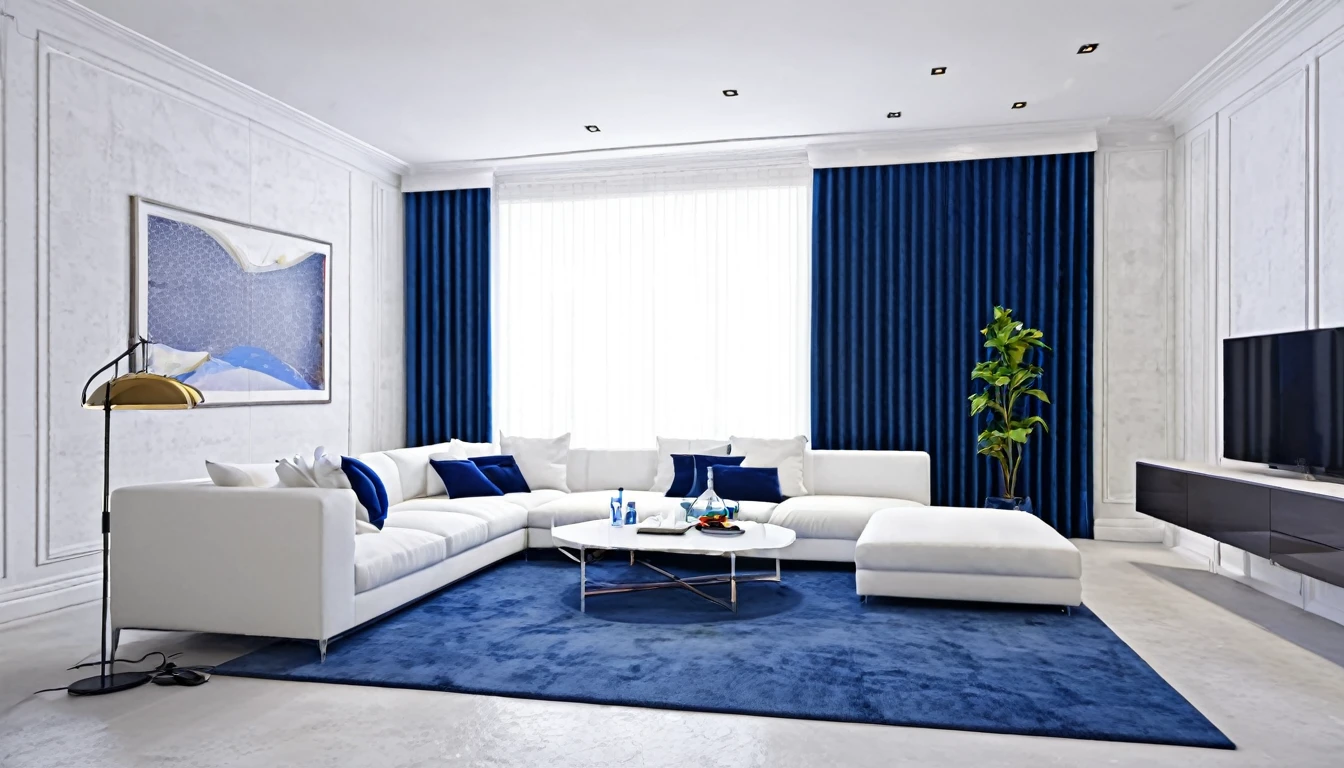 Describe a modern living room in a 16K resolution, located in a mansion in Westminster Palace, London. The room has a concrete wall painted white, and the floor is also white. There is a stereo set, a wine glass sitting on the table, and a white cushion on the sofa. The sofa is a deep blue color. The room has white curtains, and there are some potted plants. There is a pendant light hanging from the ceiling. Describe the scene in great detail, including the warmth and brightness of the sun coming in through the window in the morning. Please provide a vivid and accurate description of the scene.