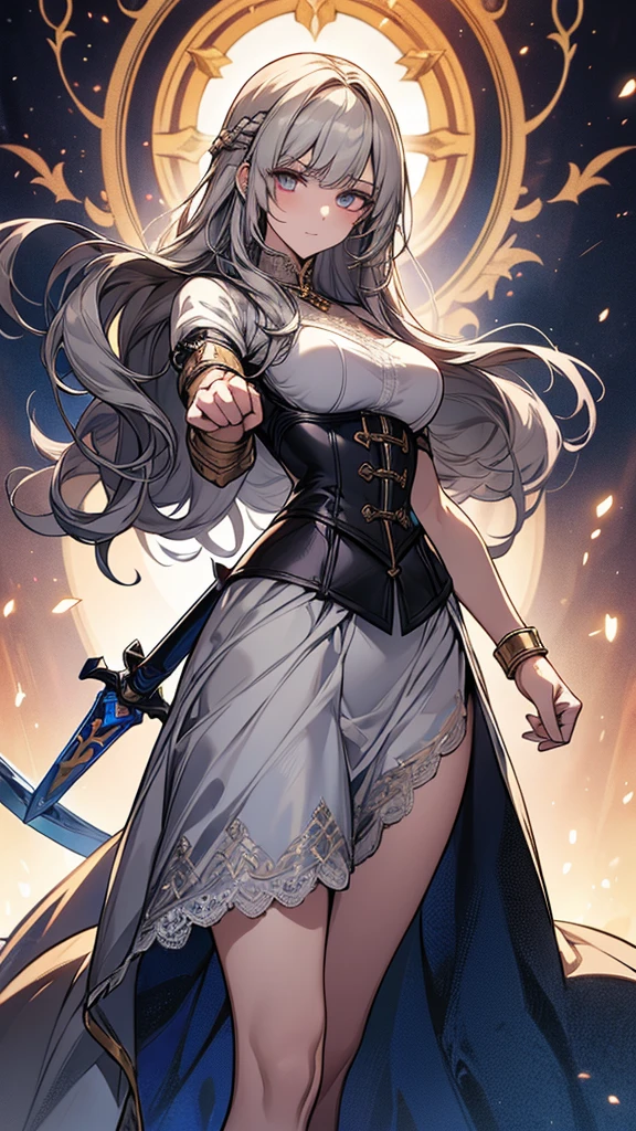 masterpiece, best quality, Mature women,, gray hair, Long Hair Flying，fantasy, middle Ages, On the war zone, dynamic poses, Beautiful and detailed light，black corset，White miniskirt，Lace exposed，Golden eyes，There are blue sword lights all around，silence，fist to the sky with right hand