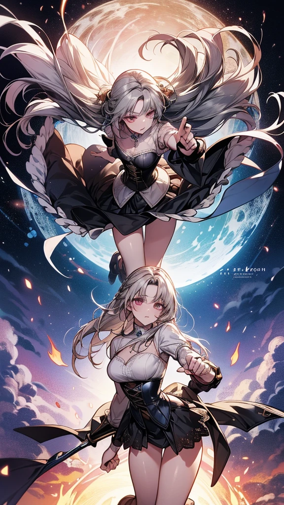 masterpiece, best quality, Mature women,, gray hair, Long Hair Flying，fantasy, middle Ages, On the war zone, dynamic poses, Beautiful and detailed light，black corset，White miniskirt，Lace exposed，Golden eyes，There are blue sword lights all around，silence，fist to the sky with right hand