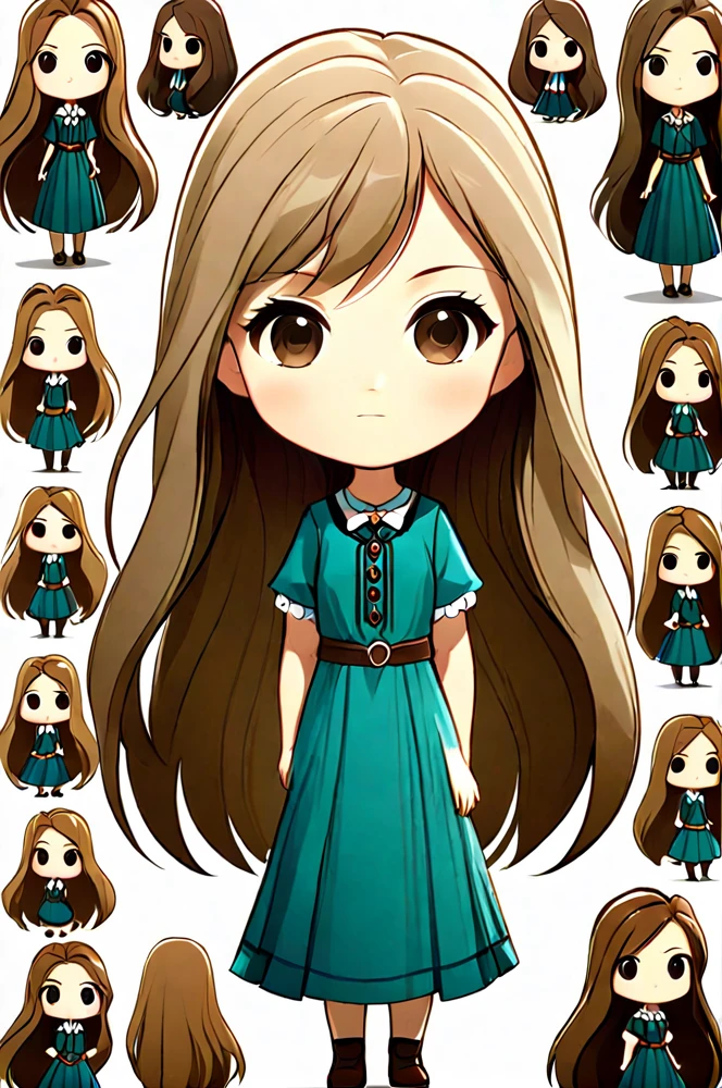 Character sheet, white background, chibi, female, long hair, wearing dress, cartoon style, high quality, high resolution