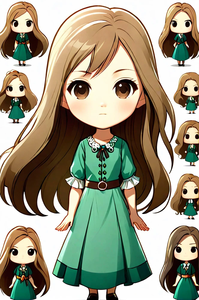 Character sheet, white background, chibi, female, long hair, wearing dress, cartoon style, high quality, high resolution