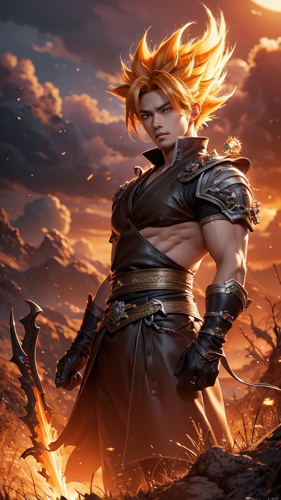 An 8k masterpiece, highest resolution, every detail, meticulous detail, depth of field, bright colors, beautiful composition: stunning take on an anime character sun goku with brilliant super saiyan hair and beautifully detailed glowing eyes, standing against a dark and ominous background. This handsome demon slayer is the epitome of bad guys in the world of fantasy art.