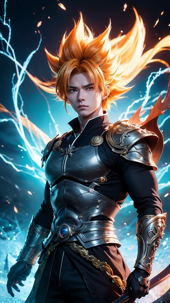 An 8k masterpiece, highest resolution, every detail, meticulous detail, depth of field, bright colors, beautiful composition: stunning take on an anime character sun goku with brilliant super saiyan hair and beautifully detailed glowing eyes, standing against a dark and ominous background. This handsome demon slayer is the epitome of bad guys in the world of fantasy art.