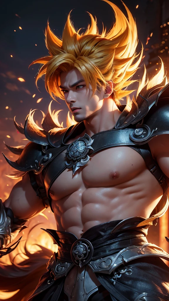 An 8k masterpiece, highest resolution, every detail, meticulous detail, depth of field, bright colors, beautiful composition: stunning take on an anime character sun goku with brilliant super saiyan hair and beautifully detailed glowing eyes, standing against a dark and ominous background. This handsome demon slayer is the epitome of bad guys in the world of fantasy art.