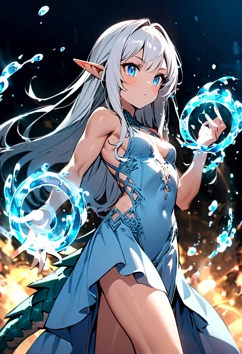 cute young girl, white hair, long hair, light blue eyes, elf ears, dragon tail, dragon thorn, muscular body, small breast, light blue dress, water magic