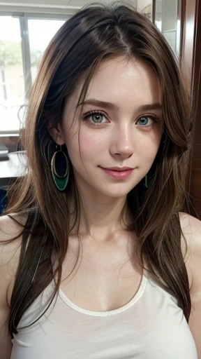 White woman, 35 years old, Brown hair, long hair, messy hair, Nice face, simetric face, Green eyes, Nice body, cute, tank top, smile, earrings 