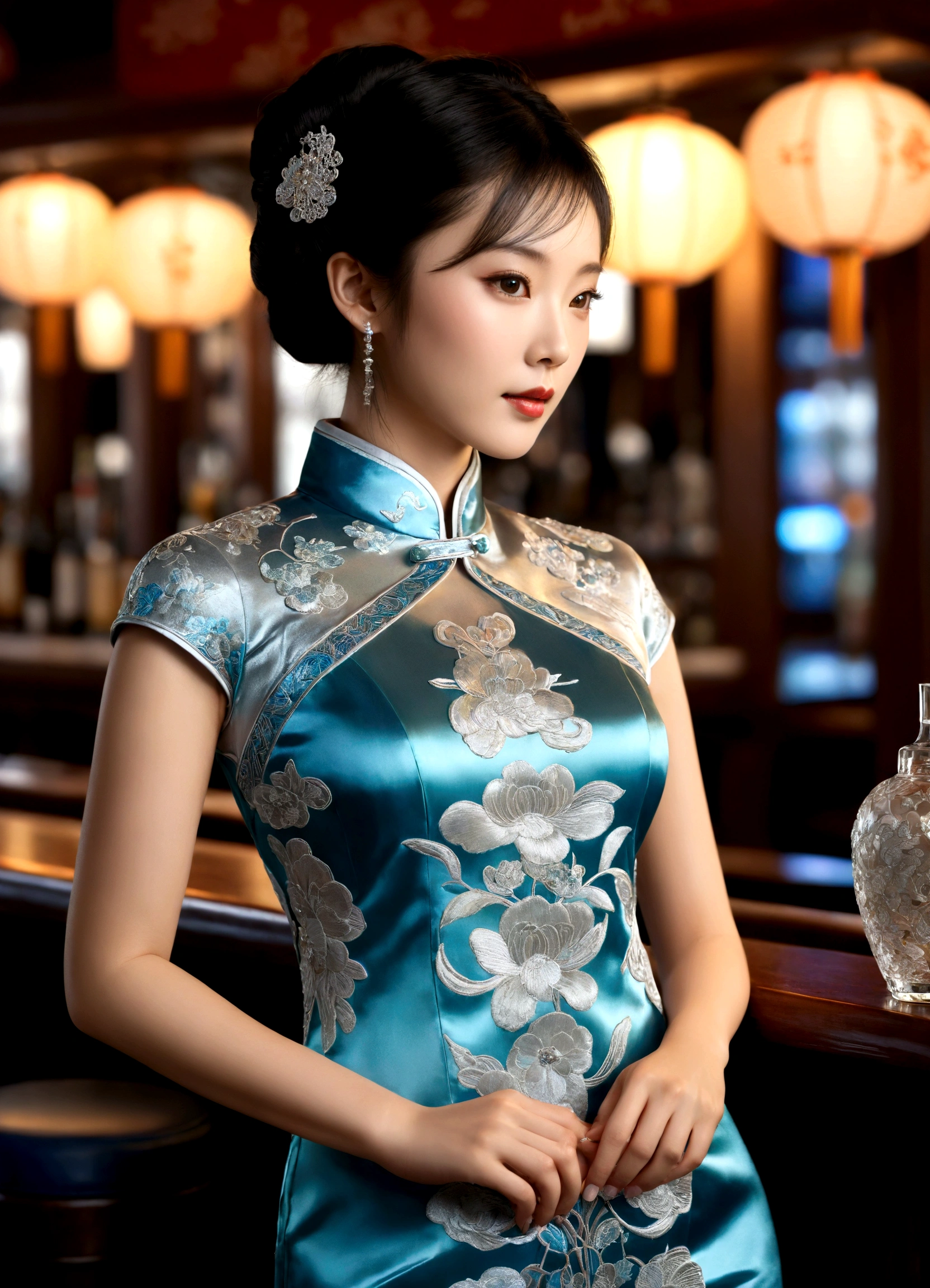 a chinagirl, Cheongsam, iridescent silk fabric, modern silver embroidery, night bar,epic realistic, intricate details, hyper detailed, cinematic, rim light,