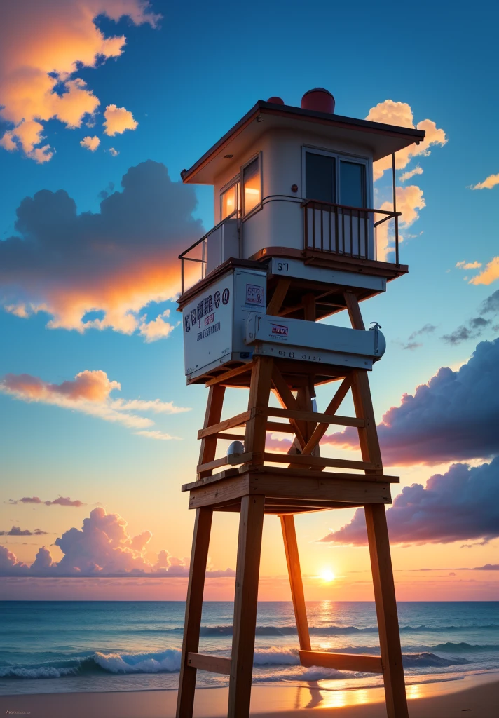 anime style, small lifeguard tower on the beach, sunset, full clouds in the sky, 1 picture