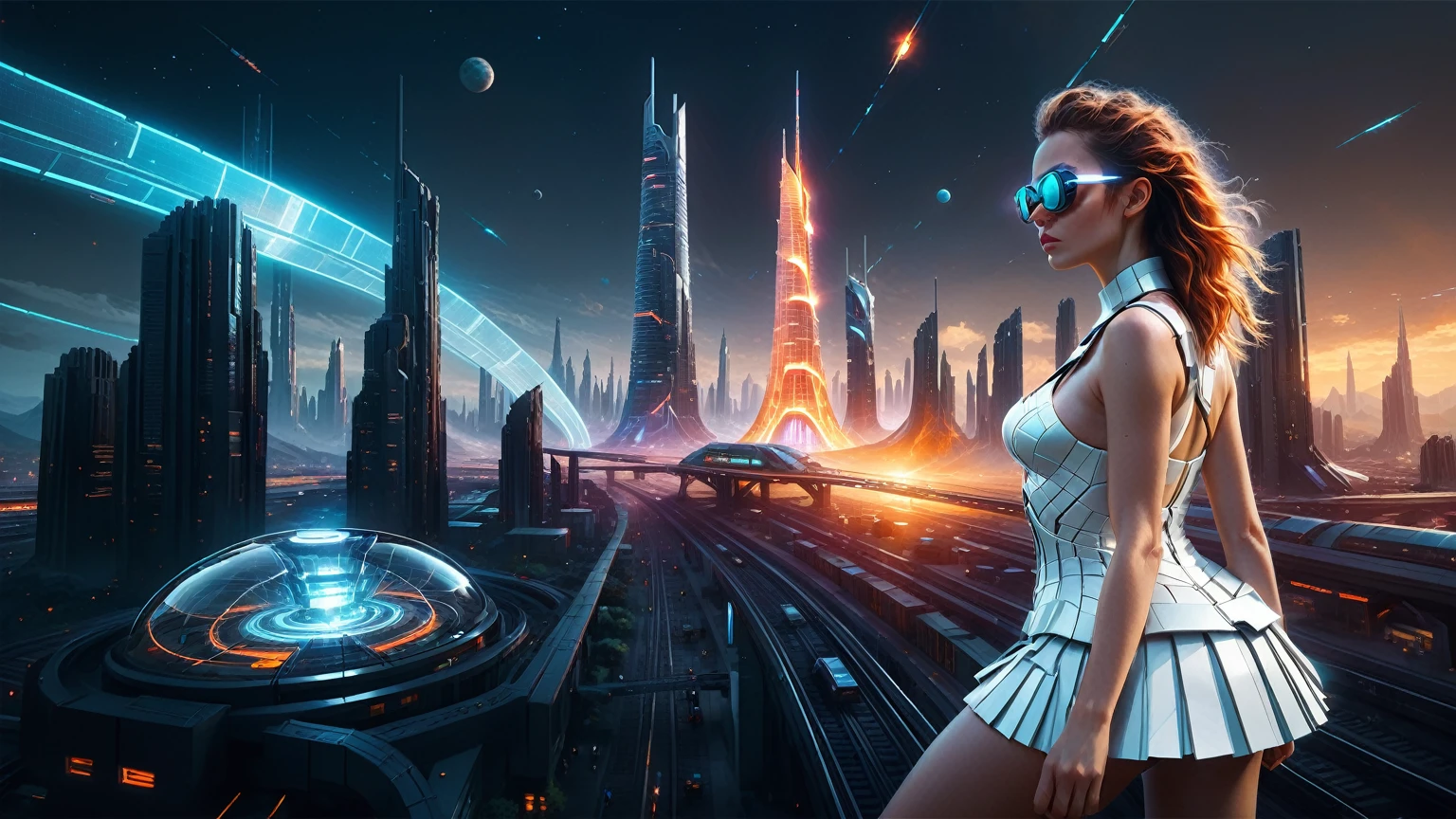 Brightly colored abstract aerial view image of a (((((futuristic railway station))))) with a spiral, a (((futuristic all-glass train))) passing by, epic beautiful space sci-fi, chaotic cinematic space rift, Greg Beeple, planets colliding, Beeple and Tim Hildebrandt, Beeple and Jean Giraud, end of the universe, (((giant glass lion sculpture))), galaxy space sci-fi, ringworld, by Mike "Beeple" Winkelmann. Matrix style, (((Matrix cascading code))), (((a futuristic twin tower skyscraper with a unique twisted design))), (((OLED GUI interfaces in the building))), at night, (((((1girl, solo))))), photo realistic, (((((((large-breast:1.2 body, cleavage:1.4))))))), (((((off broken mini sling-shirt and black sling bra, extreamly short pleated miniskirt exposing panty))))), (((((running pose))))), (((((((matrix style black micro sunglasses))))))), ((((((((((aiming with a short gun)))))))))), (((((looking at camera))))), (((very low view))), (((((half-body thigh level medium shot))))), (((cinematic lighting))).