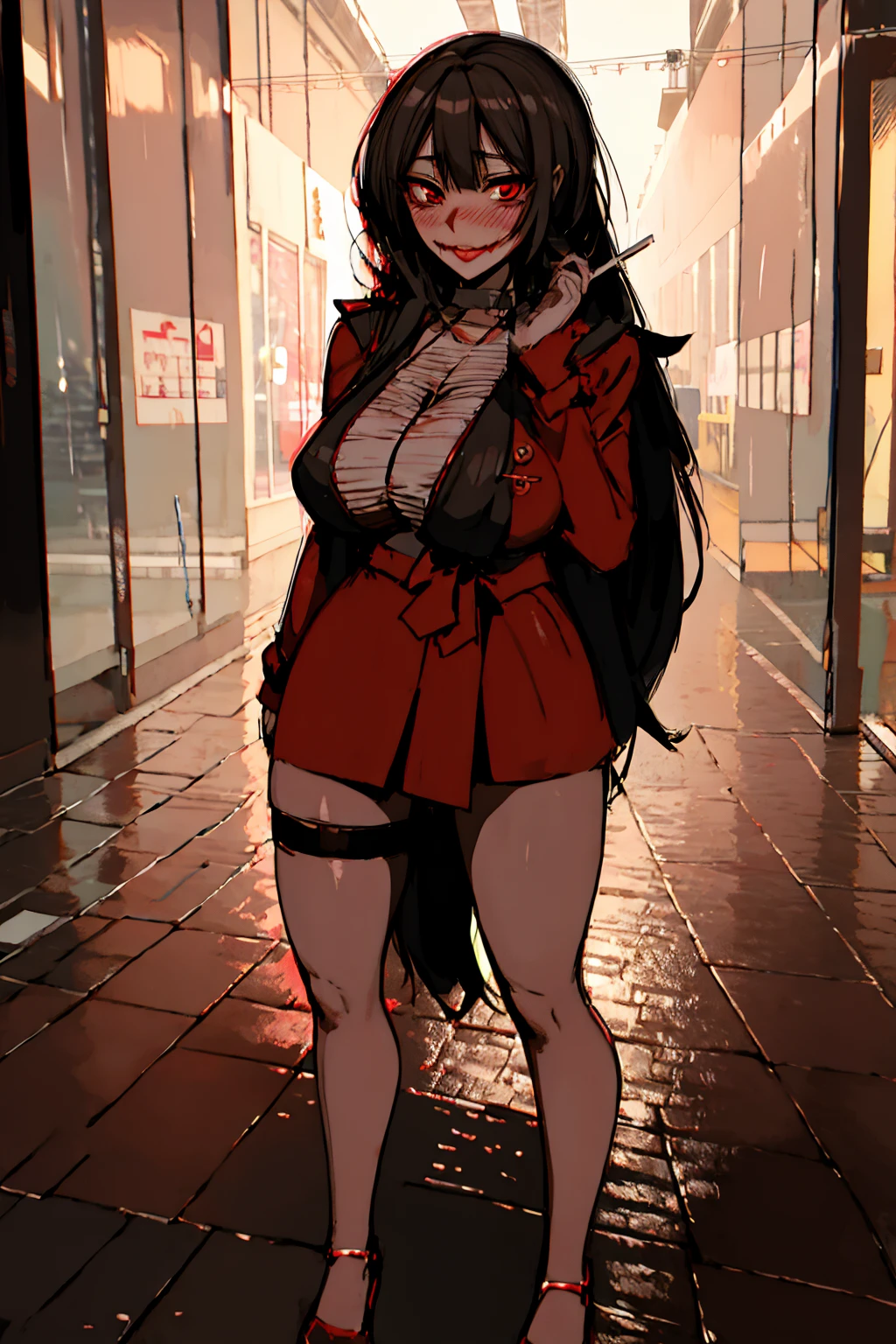 Kuchisake-onna Super Extra large breasts breast enlargement, red coat, long hair, red eyes, black garter stockings, black bikini, full-body shot, looking at the camera, standing alone in the rain, holding a large scissor in her right hand, lips split, stitches, smiling, blushing, shy 