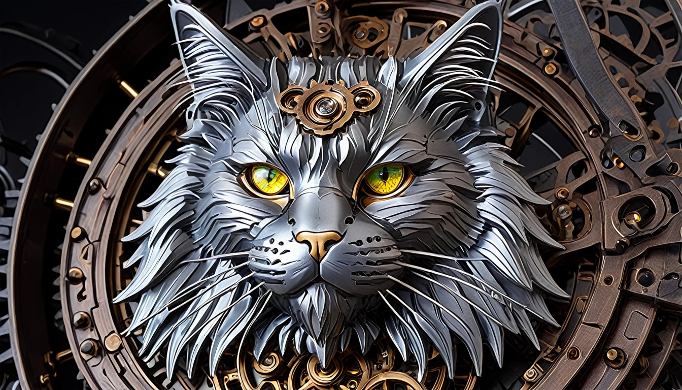 Mechanical Maine Coon,Gray metal material,Detailed gears,Bright Eyes,shiny surface,Mechanical movement,Lifelike design,(best quality,high resolution),(Practical:1.37),(Human Development Report),(industrial,Steampunk),(Cool colors),Soft ambient lighting