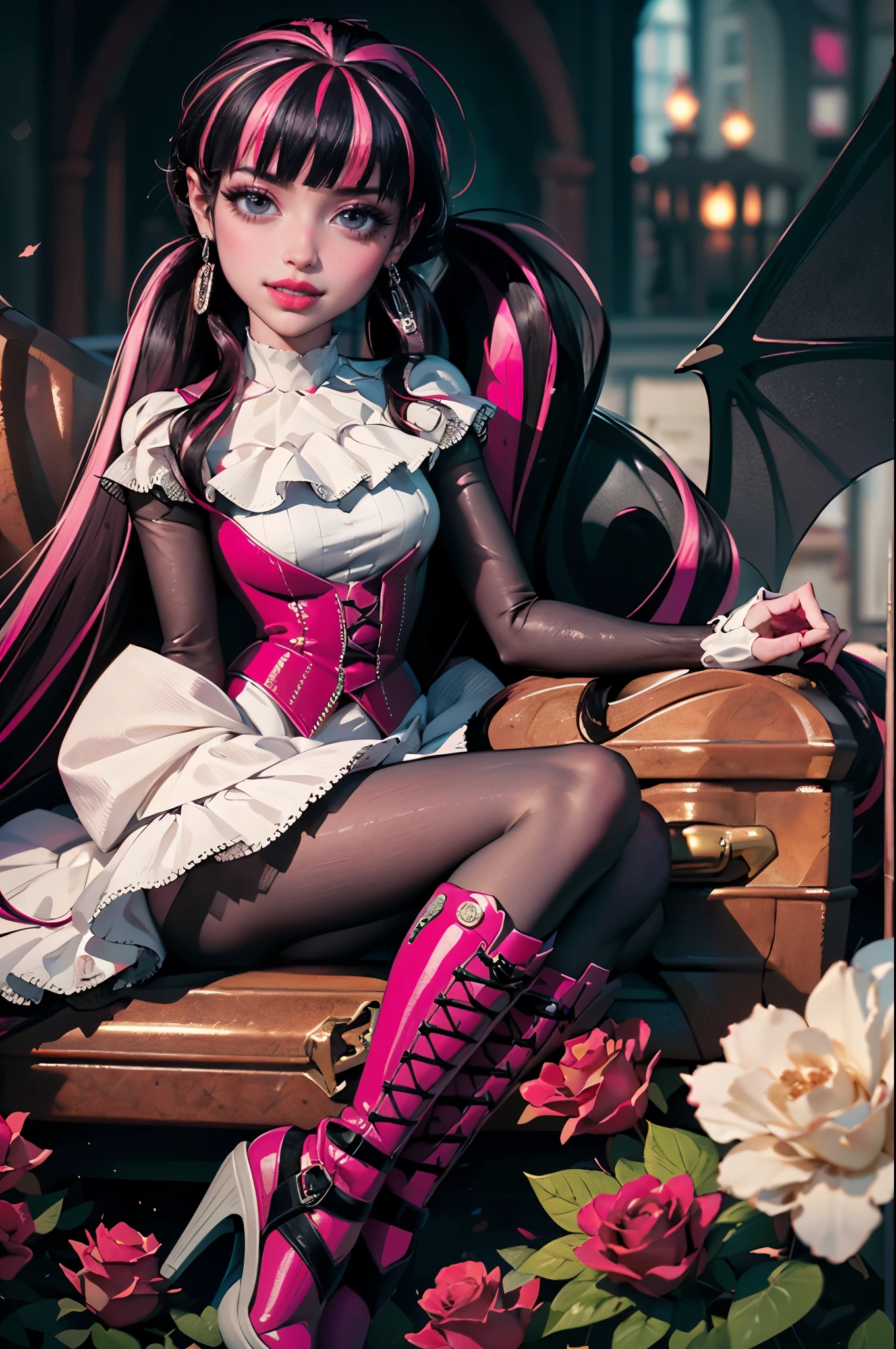 ((high quality)), ((Work of art)), (more detail), 1girl, succubus, centered, a girl with a bat wings, award winning upper body portrait, cowboy shot, Draculaura_MH, solo, black half hair, pink half hair, multicolored hair, long hair, white skirt, pink knee boots, smiling, seat on the throne, gothic style, gothic scenery, black lanterns, dark red roses, depth of field, cinematic composition, half black hair, half soft pink hair, wave hair, coffin, roses, smile, vampire fangs, gothic dress, bat wings, white dress, white dress with transparency, pink laces, white gloves, white high socks, pink high hills boots, bat jewelry, jewelry, seat on the grass, dark red roses on focus, Draculaura_(monster high), Monster High, looking at the viewer, more details on the clothes,