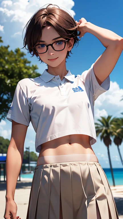 highest quality、Realistic、female、zoom、Chestnut Hair、Blue Eyes、short hair、athlete、White polo shirt、White pleated skirt、athlete、muscle、Abdominal muscles、Glasses、Sunburned、Tan、Brown Skin、From below、Jump、smile、Looking down、、Small breasts、Bust Shot、