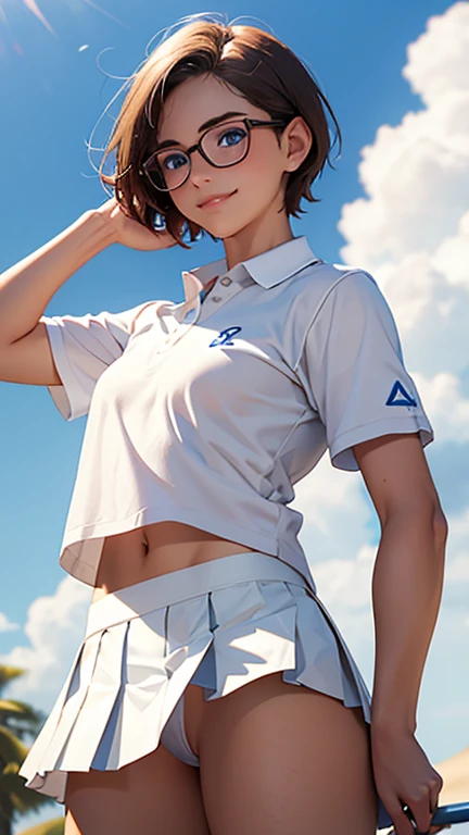 highest quality、Realistic、female、zoom、Chestnut Hair、Blue Eyes、short hair、athlete、White polo shirt、White pleated skirt、athlete、muscle、Abdominal muscles、Glasses、Sunburned、Tan、Brown Skin、From below、Jump、smile、Looking down、、Small breasts、Bust Shot、　