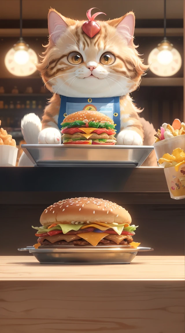((masterpiece)), ((Highest quality)), ((High resolution)), ((Highly detailed CG Unity 8k wallpaper)),A cat orders a lot of food at a fast food restaurant An anthropomorphic golden Scottish Fold cat、Standing at the counter of a colorful and bustling fast food restaurant。The cat has a big smile、A tray full of burgers、potato、Ordering a drink