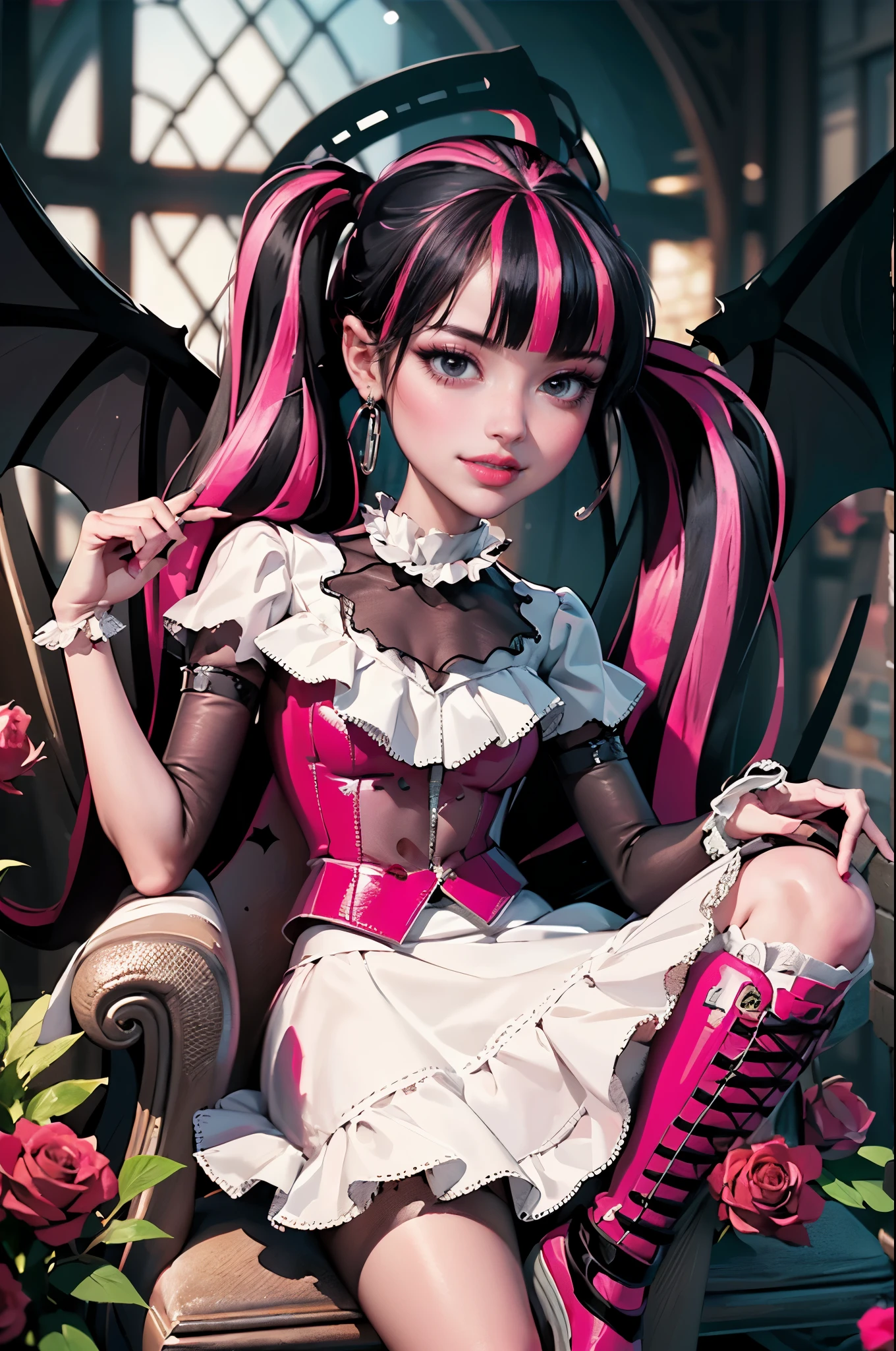 ((high quality)), ((Work of art)), (more detail), 1girl, succubus, centered, a girl with a bat wings, award winning upper body portrait, cowboy shot, Draculaura_MH, solo, black half hair, pink half hair, multicolored hair, long hair, white skirt, pink knee boots, smiling, seat on the throne, gothic style, gothic scenery, black lanterns, dark red roses, depth of field, cinematic composition, half black hair, half soft pink hair, wave hair, coffin, roses, smile, vampire fangs, gothic dress, bat wings, white dress, white dress with transparency, pink laces, white gloves, white high socks, pink high hills boots, bat jewelry, jewelry, seat on the grass, dark red roses on focus, Draculaura_(monster high), Monster High, looking at the viewer, more details on the clothes,