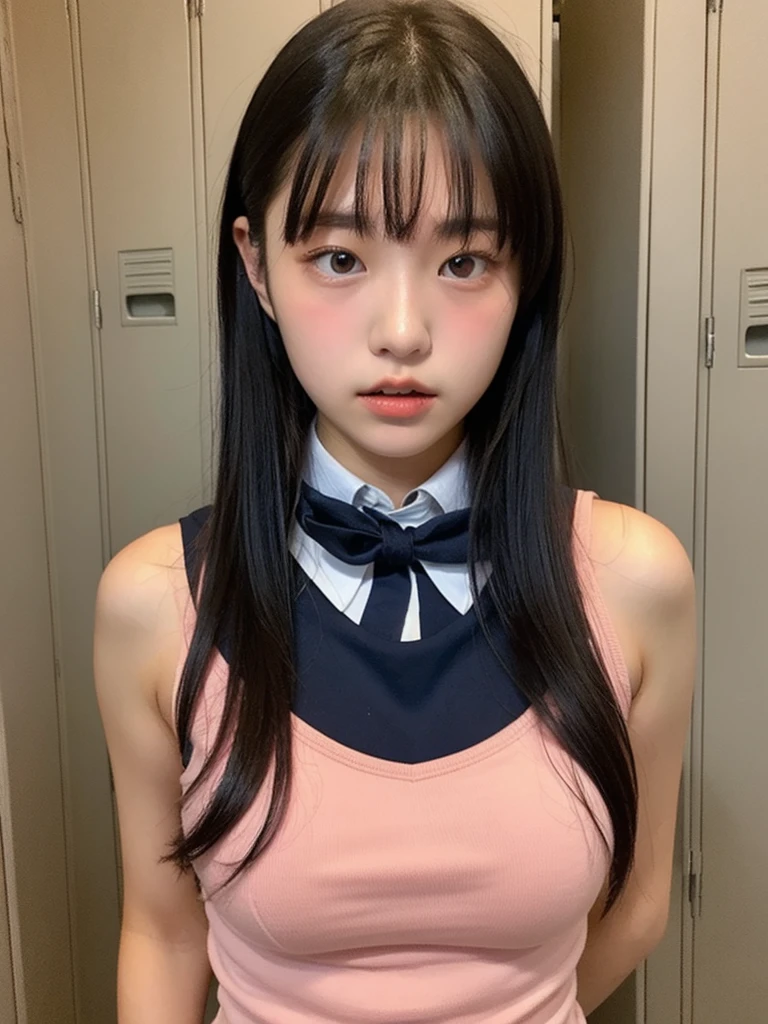 Highest quality, Very detailed, masterpiece, Realistic, photo Realistic, Japanese beautiful girl, Age 15,big breasts, topless, (Wear an athletics uniform), blush , Half Body Shot , locker room,Sad look、Open your mouth a little