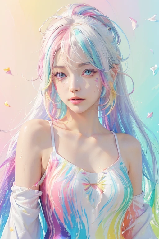 (Pink Fashion T-shirt:1.9),(Colorful hair: 1.8), (all the colours of the rainbow: 1.8),(((((vertical painting:1.6))), (painting:1.6),front, comics, illustrations, paintings, large eyes, crystal clear eyes,( rainbow color gradient high ponytail:1.7), exquisite makeup, closed mouth,(Small Fresh: 1.5),(Wipe Chest: 1.6) ,long eyelashes, white off shoulder T-shirt, White Shoulder Shirt,looking at the audience, large watery eyes, (rainbow colored hair:1.6), color splash, (solo:1.8), color splash, color explosion, thick paint style, messy lines, ((shining)),(colorful), (colorful), (colorful), colorful, Thick Paint Style, (Splash) (Color Splash), Vertical Painting, Upper Body, Paint Splash, Acrylic Pigment, Gradient, Paint, Highest Image Quality, Highest Quality, Masterpiece, Solo, Depth of Field, Face Paint, colorful clothes, (Elegant: 1.2), gorgeous,long hair, wind, (Elegant: 1.3), (Petals: 1.4),(((masterpiece))),(((best quality))),((ultra-detailed)),(illustration),(dynamic angle),((floating)),(paint),((disheveled hair)),(solo),(1girl) , (((detailed anima face))),((beautiful detailed face)),collar,bare shoulders,white hair, ((colorful hair)),((streaked hair)),beautiful detailed eyes,(Gradient color eyes),(((colorful eyes))),(((colorful background))),(((high saturation))),(((surrounded by colorful splashes))),