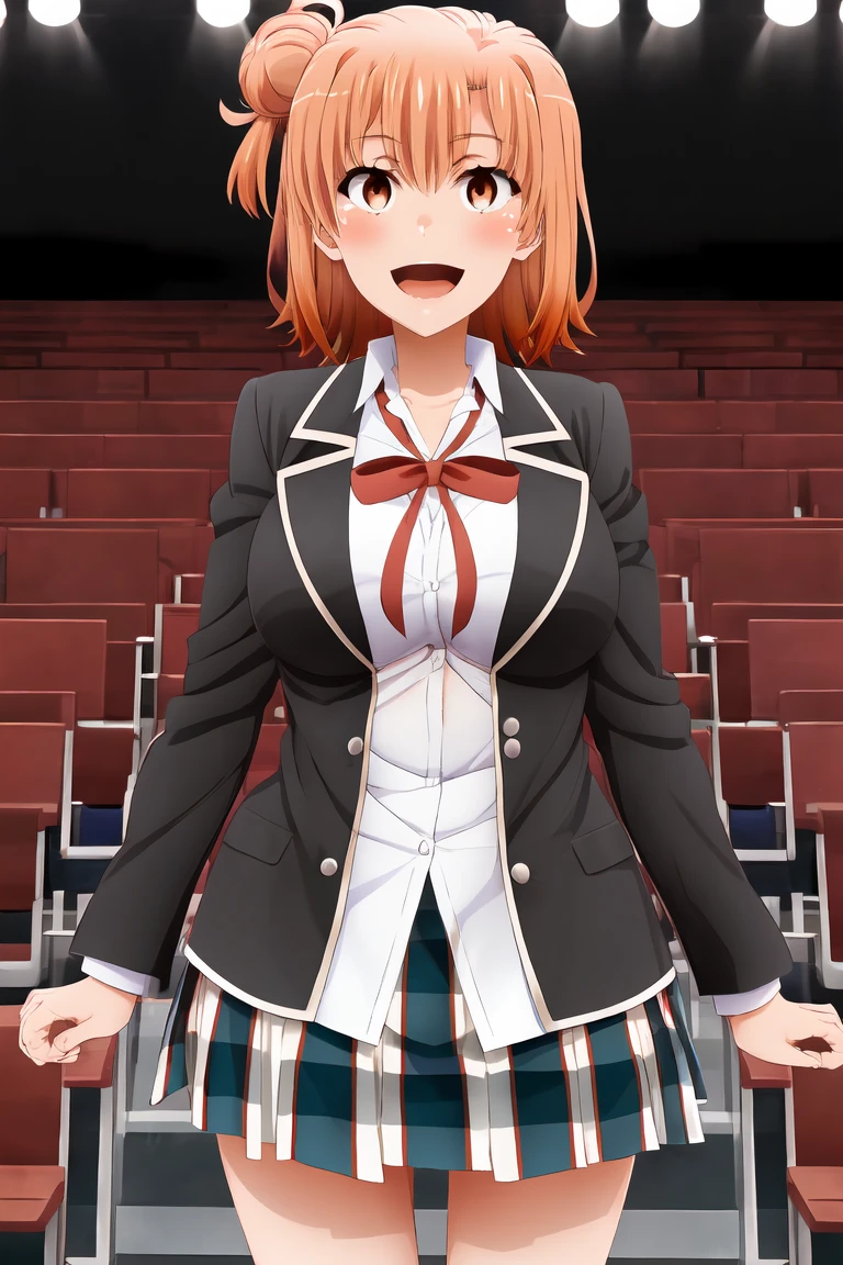 yuiyuigahama, yui yuigahama, short hair, (Brown eyes:1.5), (Orange Hair:1.2), Hair Bun, single Hair Bun, smile,
Breaking skirt, shirt, ribbon, , Jacket, white shirt, black Jacket, blazer,  1 Girl, alone, Huge breasts, テント付きshirt, Open your mouth, Looking at the audience, Skin dents,