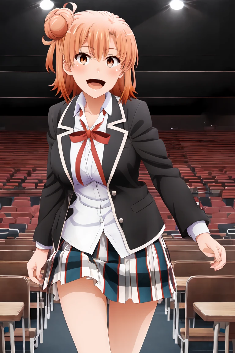 yuiyuigahama, yui yuigahama, short hair, (Brown eyes:1.5), (Orange Hair:1.2), Hair Bun, single Hair Bun, smile,
Breaking skirt, shirt, ribbon, , Jacket, white shirt, black Jacket, blazer,  1 Girl, alone, Huge breasts, テント付きshirt, Open your mouth, Looking at the audience, Skin dents,