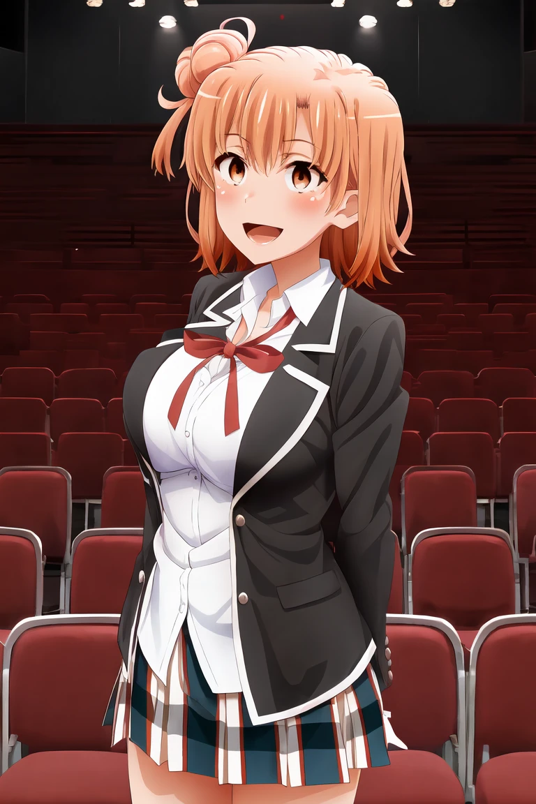 yuiyuigahama, yui yuigahama, short hair, (Brown eyes:1.5), (Orange Hair:1.2), Hair Bun, single Hair Bun, smile,
Breaking skirt, shirt, ribbon, , Jacket, white shirt, black Jacket, blazer,  1 Girl, alone, Huge breasts, テント付きshirt, Open your mouth, Looking at the audience, Skin dents,