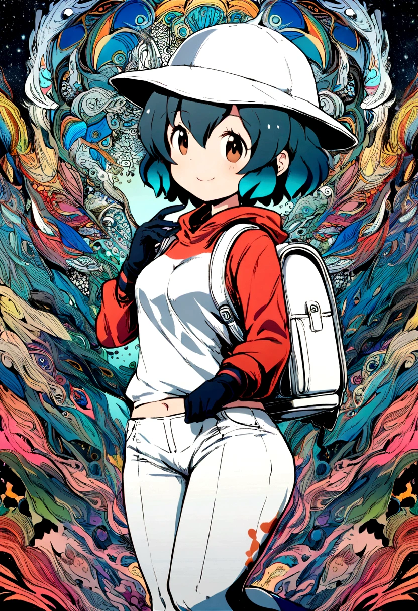 (1girl,kaban \(kemono friends\),kemono friends),black short hair,smile,white hat,white backpack,tight clothes,black gloves,red shirt,white short pants,pantyhosetwilight,