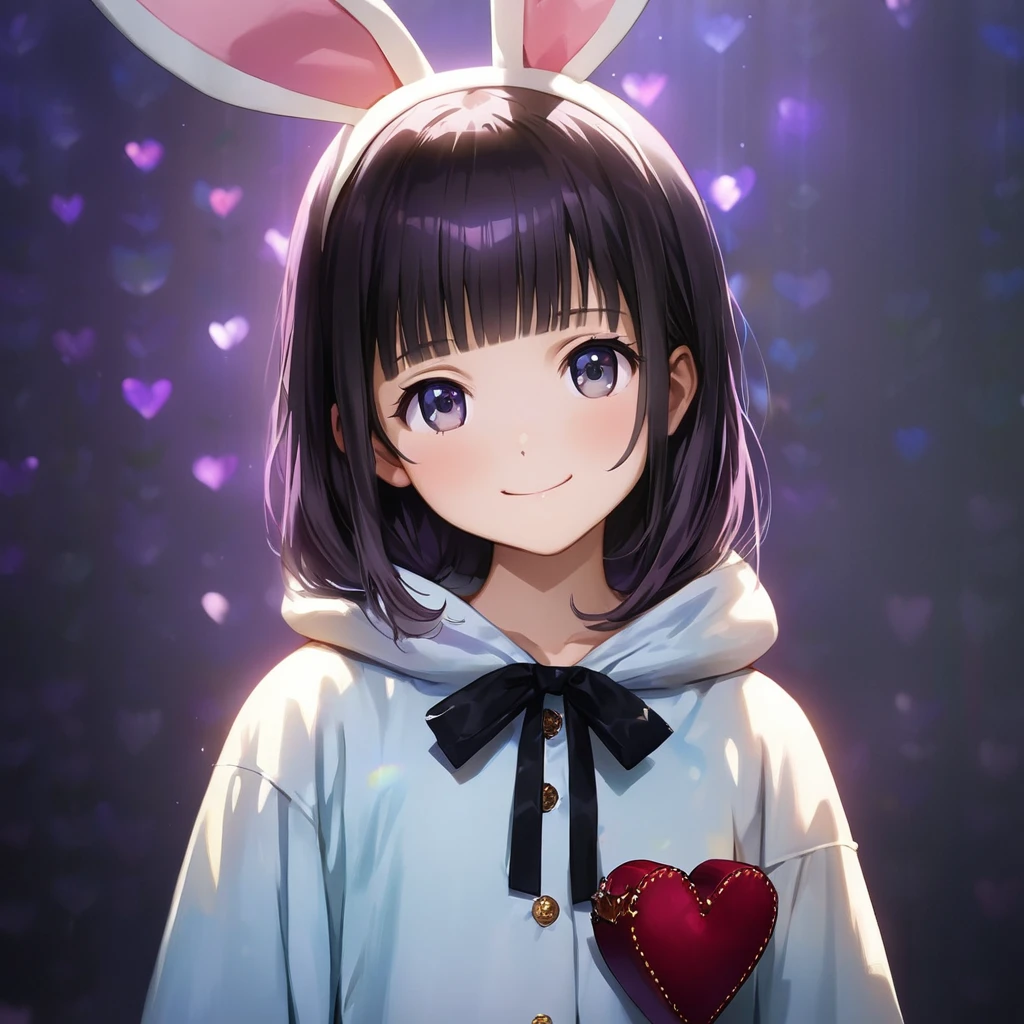 a rabbit costume from Alice in Wonderland,(Cute a girl:1.5), (masterpiece:1.3), anime visual, (Lovey-dovey:1.5), (tilt head:1.3), extremely delicate face, realistic lighting and shading, (an extremely delicate and beautiful art:1.3),15 years old,smiling,pale purple wavy and blunt bangs hair,green and black eyes,smiling,from front,fullbody shot,full body shot,