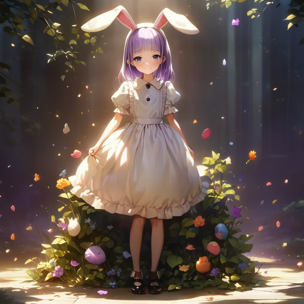 a rabbit costume from Alice in Wonderland,(Cute a girl:1.5), (masterpiece:1.3), anime visual, (Lovey-dovey:1.5), (tilt head:1.3), extremely delicate face, realistic lighting and shading, (an extremely delicate and beautiful art:1.3),,smiling,pale purple wavy and blunt bangs hair,green and black eyes,smiling,from front,fullbody shot,full body shot,