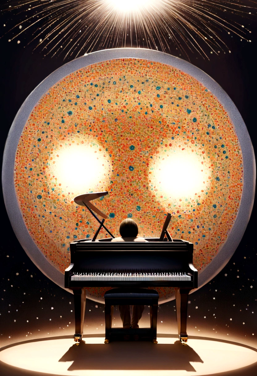 Children playing piano::Style Pointillism、It is made up of all kinds of things, big and small.、Clear, colored dots、Very detailed ::n_Anime style、Photorealistic、Deformation、There has been a breakdown、High contrast、noisy ::Seed 1000