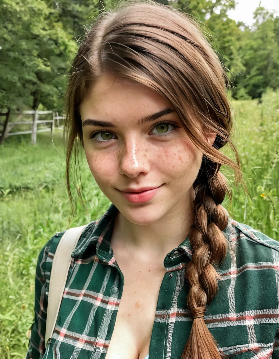 selfie on instagram , 23 year old gorgeous woman, A slight smile, ultra textured leather, detailed skin of face and eyes , daylight, big breasts, long braid, plaid shirt, Granularity, low contrast, natural face, freckles, Brown hair, green eyes