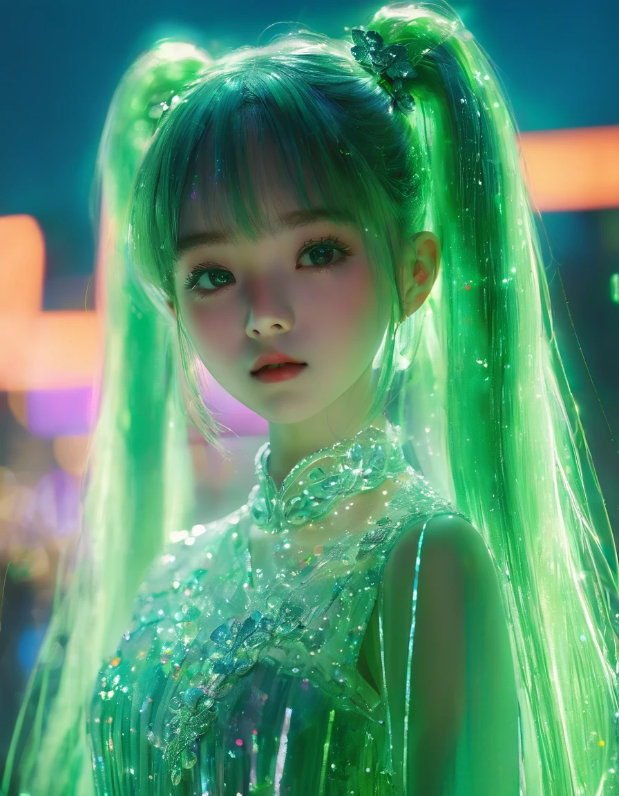 masterpiece、Highest quality、One Girl、Long twin tails、(((Transparent dress like glass))) 、Neon color background、Halation、High resolution、detailed、Soft Focus、Delicate facial features、detailedな目、Sharp pupils、Written boundary depth、Bokeh、Sharp focus、Green light、illumination