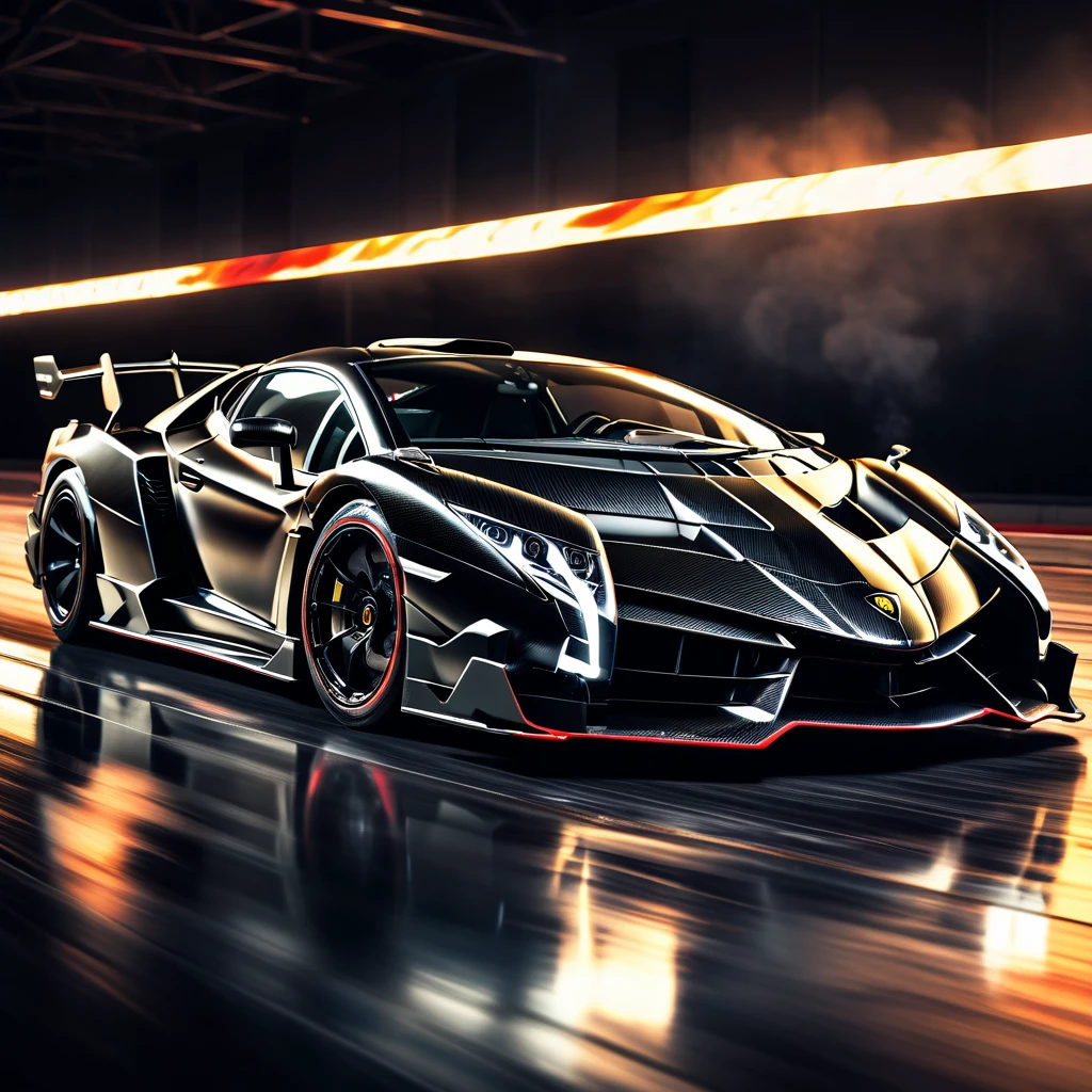 Amazing 3D views in a racetrack a highly detailed, photorealistic, 8k image of a lamborghini veneno, glossy black paint, intricate carbon fiber body, dynamic low angle view, dramatic lighting, cinematic composition, hyperrealistic details, in a big race, flames and explotions