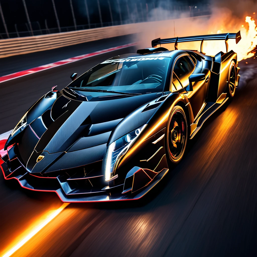 Amazing 3D views in a racetrack a highly detailed, photorealistic, 8k image of a lamborghini veneno, glossy black paint, intricate carbon fiber body, dynamic low angle view, dramatic lighting, cinematic composition, hyperrealistic details, in a big race, flames and explotions