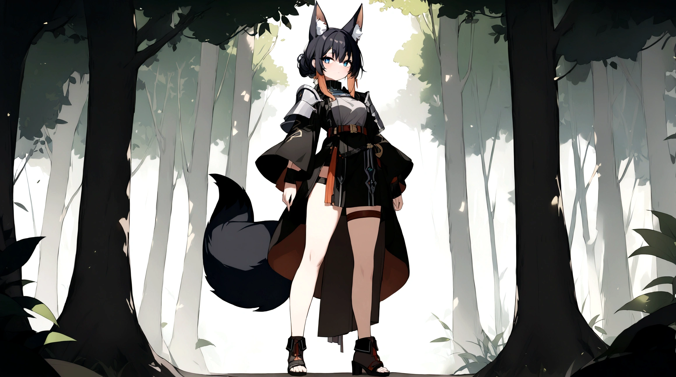(1girl, Masterpiece, best quality) (detailed and beautiful eyes:1.6) (perfect hands, perfect anatomy, full body) A adult female character with short, black hair styled in a slightly tousled manner. She has calm, focused amber eyes and distinctive fox-like ears, black with white inner fur. She also has a bushy black fox tail. (She wears a black high-collar top with long, flowing sleeves, over which she dons a black cloak adorned with black accents and shoulder armor.) she has belt buckle along with gold and leather straps. Her positon showcases her strength and readiness for battle. The lighting is soft and natural, with gentle shadows enhancing the overall design. Forest background.