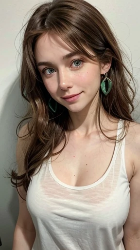 White woman, 35 years old, Brown hair, long hair, messy hair, Nice face, simetric face, Green eyes, Nice body, cute, shy, tank top, smile, earrings