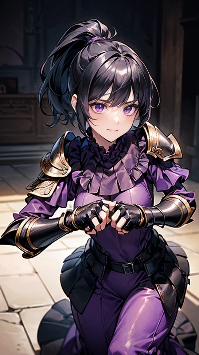 Highest quality、masterpiece、8K、Realistic、超High resolution、Very delicate and beautiful、High resolution、Cinema Lighting、medium range shooting、Portraiture、Perfect female body、Opposition、Looking at the audience、((A female mercenary from another world、Close fitting leather bib:1.6、Black gauntlets with purple trim:1.4))、Glamorous Body、Flexible body、(Shiny black hair、ponytail:1.3、Sharp Eye)、Throwing knives at shoulder and hip、Stealth Skills、A radiant smile、Battlefield of Another World、Experienced、Reward Gold Bag、Loyalty to friendship、People who walk a difficult path々々、contract、strategy。
