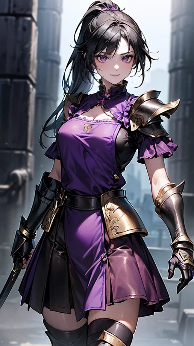 Highest quality、masterpiece、8K、Realistic、超High resolution、Very delicate and beautiful、High resolution、Cinema Lighting、medium range shooting、Portraiture、Perfect female body、Opposition、Looking at the audience、((A female mercenary from another world、Close fitting leather bib:1.6、Black gauntlets with purple trim:1.4))、Glamorous Body、Flexible body、(Shiny black hair、ponytail:1.3、Sharp Eye)、Throwing knives at shoulder and hip、Stealth Skills、A radiant smile、Battlefield of Another World、Experienced、Reward Gold Bag、Loyalty to friendship、People who walk a difficult path々々、contract、strategy。