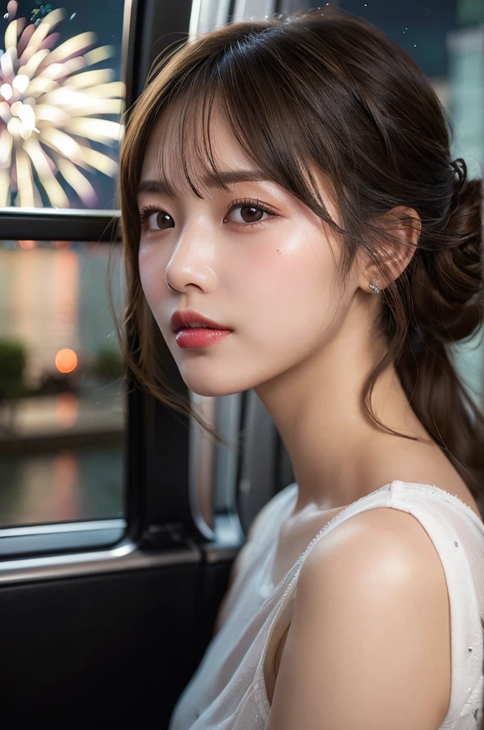 (masterpiece:1.3), high resolution, ultra detailed, extremely detailed CG unity 8k wallpaper, realistic, photo-realistic, RAW photo, beautiful detailed face, pale skin, realistic glistening skin, detailed cloth texture, detailed hair texture, Perfect body, Beautiful Face, accurate, Anatomically correct, Highly detailed face and skin texture, natural neck length, (beautiful hands), (fair skin:1.1), (well-aligned teeth:1.1), (Sweaty skin:1.2),
BREAK,
Detailed eyes, symmetric eyes, Light Brown eyes, Double eyelids, Thin eyebrows, (Glossy lips:1.4), ((A face with waiting for a kiss:1.2)), (blush:1.1), (A sparkling small hair accessory:1.1),
BREAK,
(A classy and Cute woman1.3), (nude, nsfw, nipple:1.2),
BREAK,
medium large breasts, slender figure, firm abs,
((updo hairstyle, Dark blonde hair, wavy hair, long hair, asymmetric bangs:1.2)), (Close up shot:1.2), (looking at viewer), (Focus on face:1.2), From above,
BREAK,
((Sitting side by side on the backseat of a flying helicopter)), (((A view of countless fireworks outside the window at Night:1.3))),