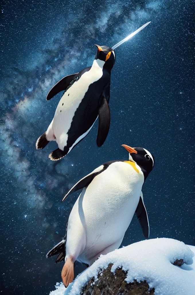 Penguin holding a sword、Snowy mountain at night、Starry Sky