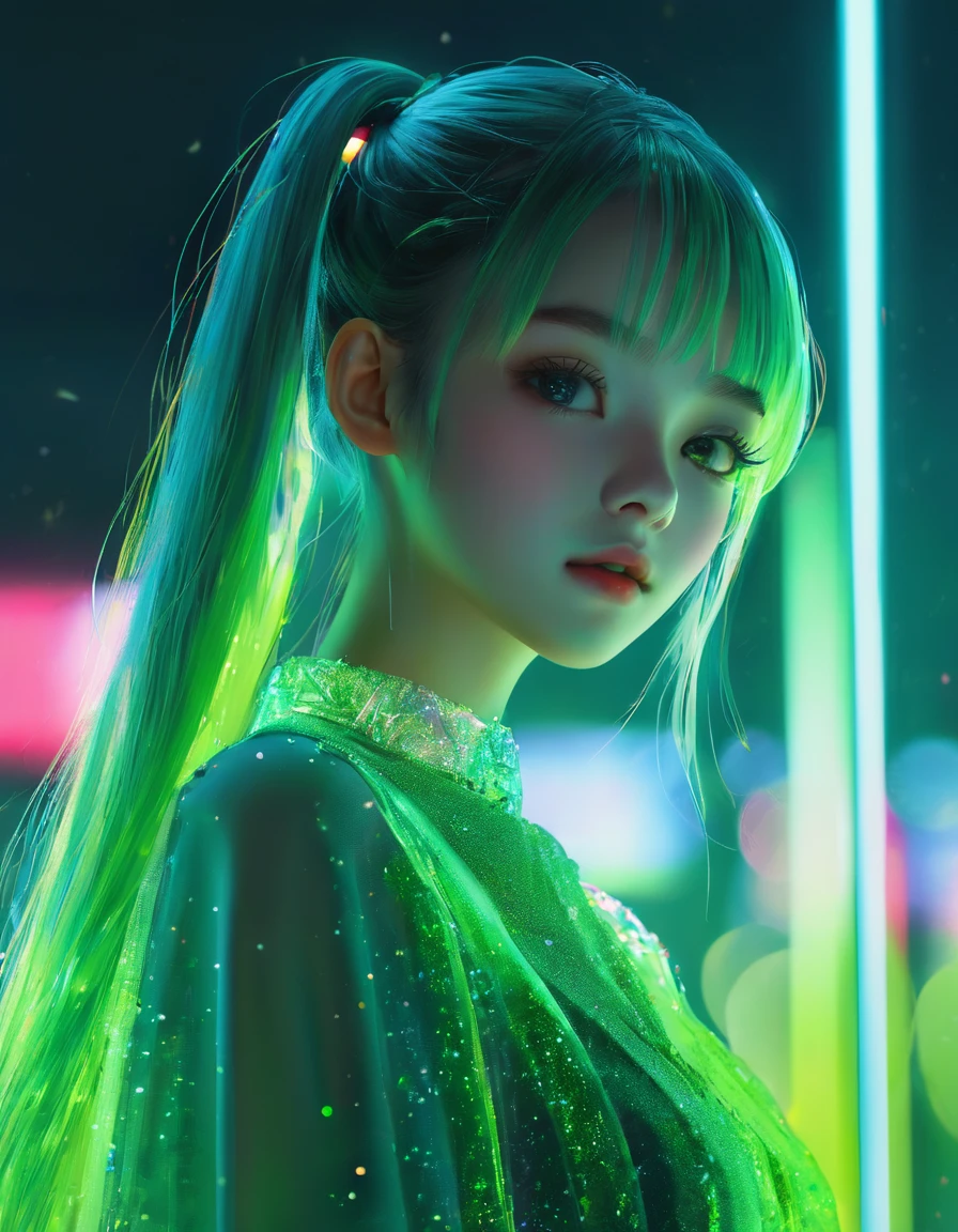 masterpiece、Highest quality、One Girl、Long twin tails、(((Transparent dress like glass))) 、Neon color background、Halation、Realistic、High resolution、detailed、Soft Focus、Delicate facial features、detailedな目、Sharp pupils、Written boundary depth、Bokeh、Sharp focus、Green light、illumination