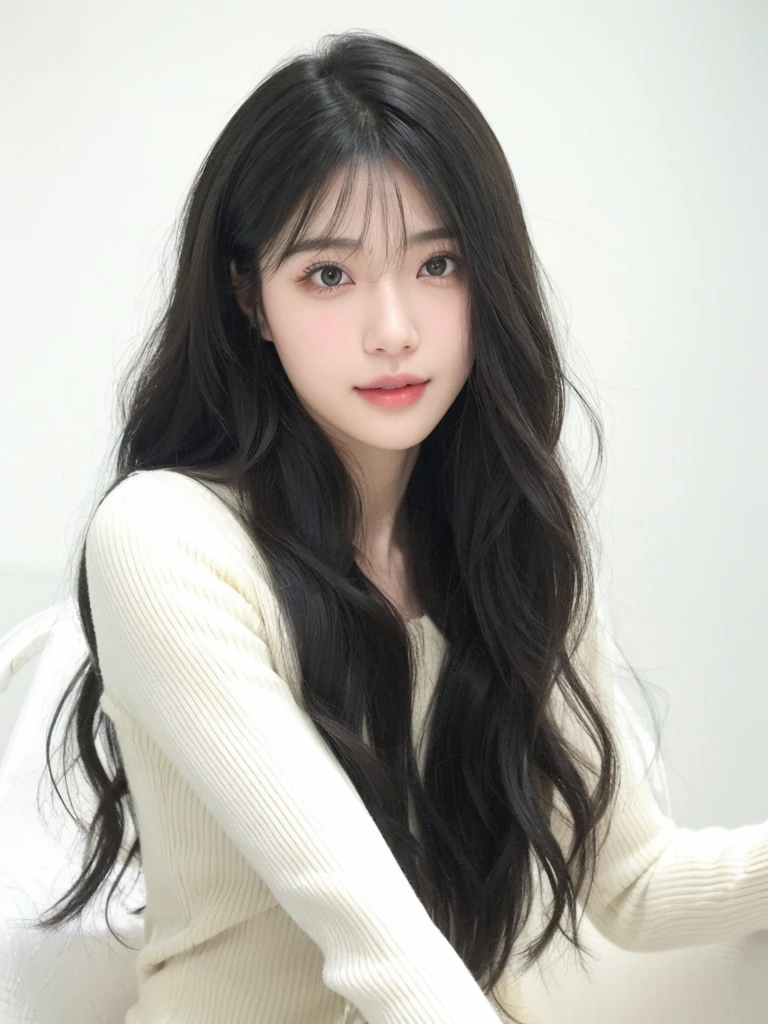 (original photography、Top quality)、(Realist、Realism:1.3)、masterpiece、Extremely refined、a very detailed、CG、Unite、8K、amazing、Details、Ultra Detailed、High resolution、absurd、Soft Light、（A black-haired one、Medium Length Hair、Bangs）、Detail of beautiful girl、Detailed fingers、Extremely detailed eyes and face、Beautiful and delicate nose、Beautiful and delicate eyes、（Glow on the face）、Looking at the audience、（close）Mouth:1.2)、1 girl、Kawaii、young、adult face、White skin、(Half body:1.3、seat)、(Mid-chest)、Lifelike face、Realistic body、Beautiful thighs、(ulzzang-6500-v1.1: 0.6)、Black shirt、Parka、(Half-smile:1.3)