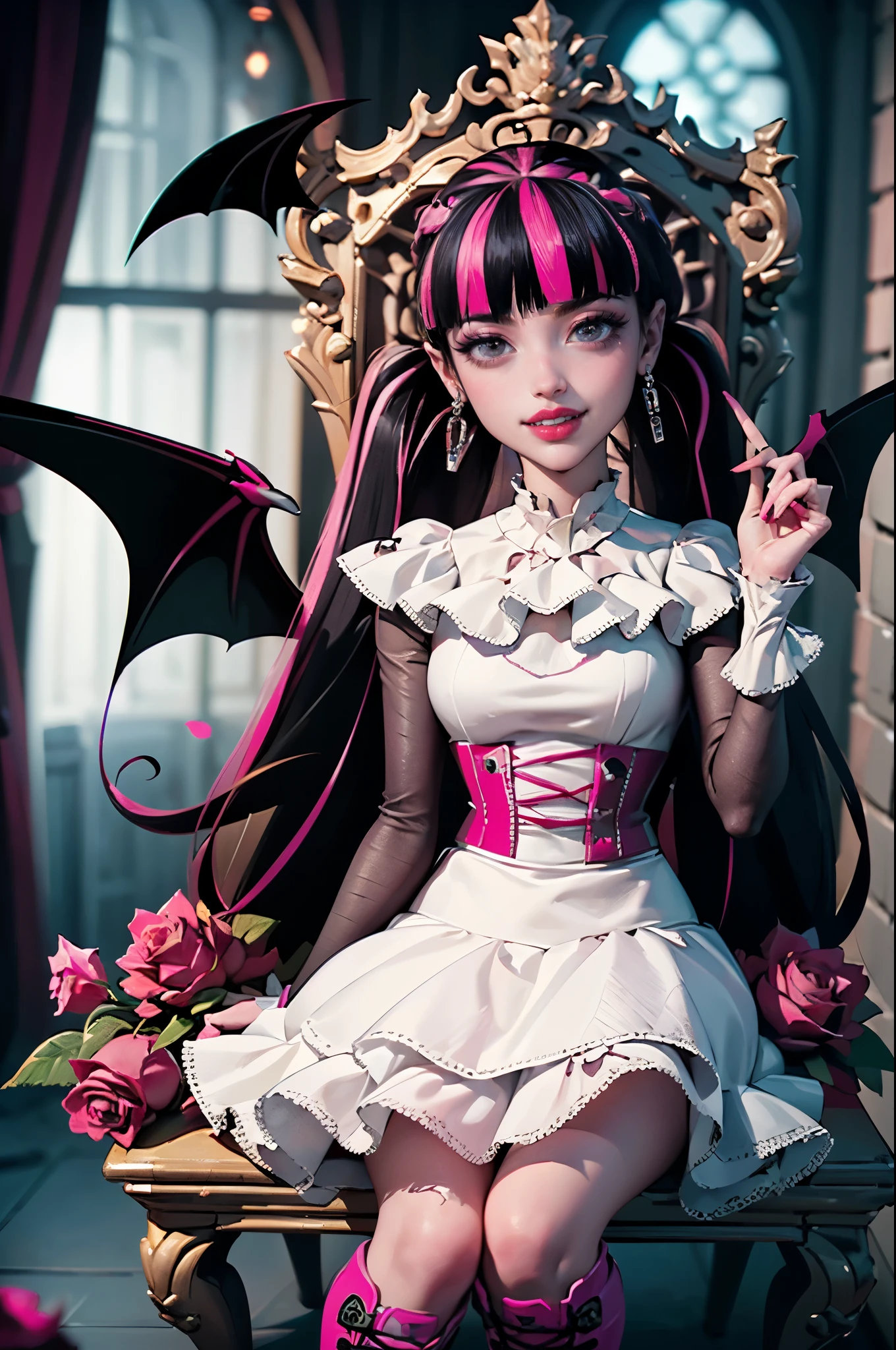 ((high quality)), ((Work of art)), (more detail), 1girl, succubus, centered, a girl with a bat wings, award winning upper body portrait, cowboy shot, Draculaura_MH, solo, black half hair, pink half hair, multicolored hair, long hair, white skirt, pink knee boots, smiling, seat on the throne, gothic style, gothic scenery, black lanterns, dark red roses, depth of field, cinematic composition, half black hair, half soft pink hair, wave hair, coffin, roses, smile, vampire fangs, gothic dress, bat wings, white dress, white dress with transparency, pink laces, white gloves, white high socks, pink high hills boots, bat jewelry, jewelry, seat on the grass, dark red roses on focus, Draculaura_(monster high), Monster High, looking at the viewer, more details on the clothes,