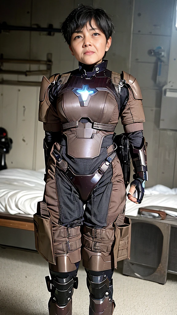 Highest quality　8k Iron Man Suit Girl　Middle-aged women　Sweaty face　cute　short hair　boyish　Steam coming out of my head　My hair is wet with sweat　The feel of black hair　Full body portrait　My upper body is soaked　 　I can see the vagina　Lying in bed　Face soaked　Spread your legs