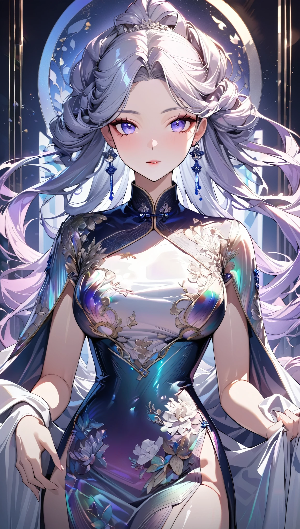best quality, incredibly absurdres, extremely detailed, 2.5D, delicate and dynamic, beautiful woman, intelligent cool beauty, captivating look, tight up hair, wearing iridescent gradient sleeved cheongsam features intricate and luxurious embroidery, shiny satin fabric, accessories, superlative body proportion, gorgeous and gorgeous effects, background aristocratic social setting