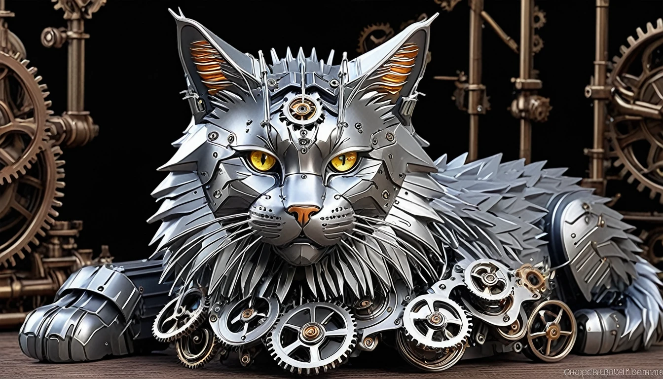 Mechanical Maine Coon,Gray metal material,Detailed gears,Standing，Bright Eyes,shiny surface,Mechanical movement,Lifelike design,(best quality,high resolution),(Practical:1.37),(Human Development Report),(industrial,Steampunk),(Cool colors),Soft ambient lighting