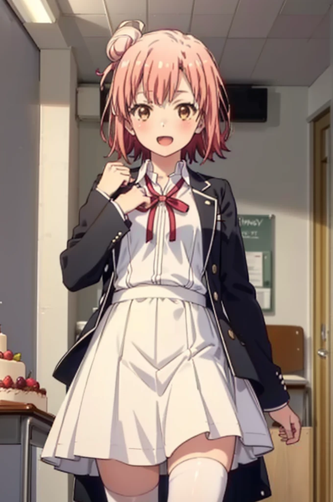 yuiyuigahama, yui yuigahama, short hair, (Brown eyes:1.5), (Pink Hair:1.2), Hair Bun, single Hair Bun, smile,blush,Open your mouth wide,
break skirt, shirt, ribbon, , Jacket, white shirt, black Jacket, blazer, Black knee-high socks,Brown loafers,There is a round birthday cake on the desk.,Confetti,cracker,
break indoors, classroom,
break looking at viewer, (Cowboy Shot:1.5),
break (masterpiece:1.2), Highest quality, High resolution, unity 8k wallpaper, (figure:0.8), (Beautiful attention to detail:1.6), Highly detailed face, Perfect lighting, Highly detailed CG, (Perfect hands, Perfect Anatomy),