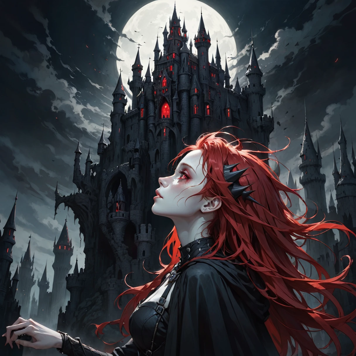 dark theme, spiky hair, messy hair, crimson hair, two tone hair, red hair, ruby eyes, pale skin, dark cloak, dark, dark castle, 1girl, from side, chin up, centered, one arm raised,