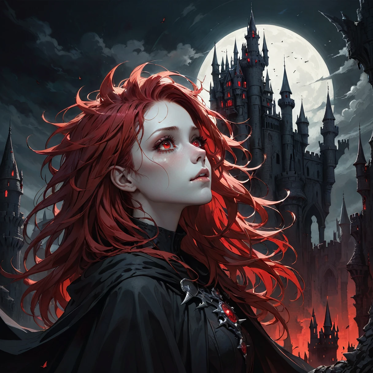 dark theme, spiky hair, messy hair, crimson hair, two tone hair, red hair, ruby eyes, pale skin, dark cloak, dark, dark castle, 1girl, from side, chin up, centered, one arm raised,